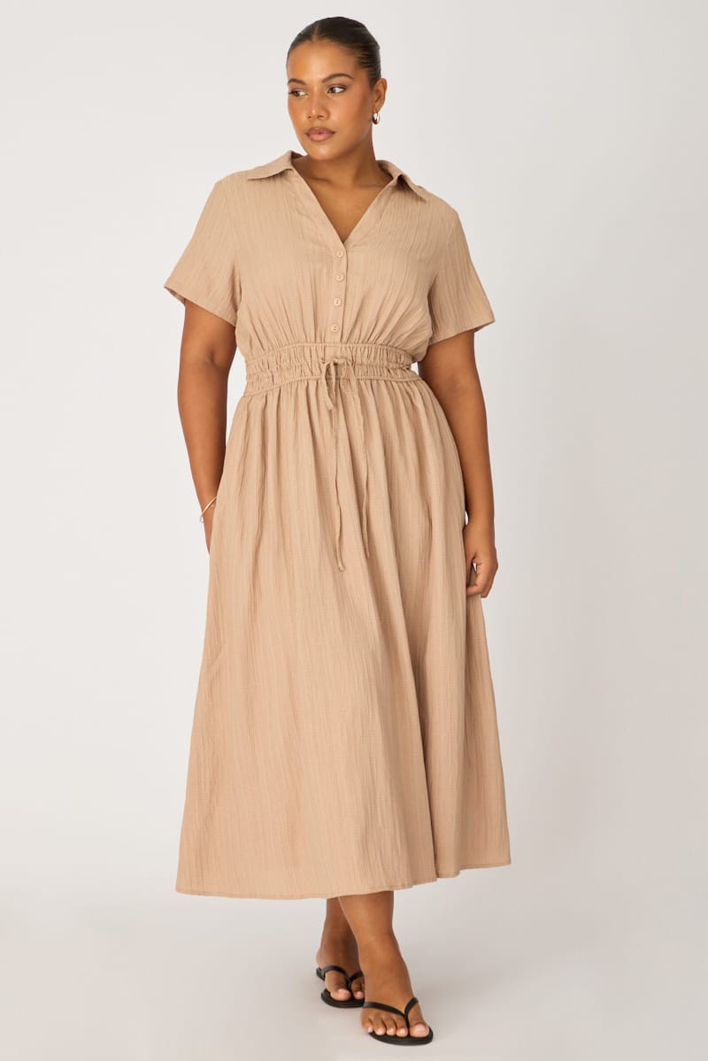 Beige Shirt Midi Dress Short Sleeve for YouandAll Fashion