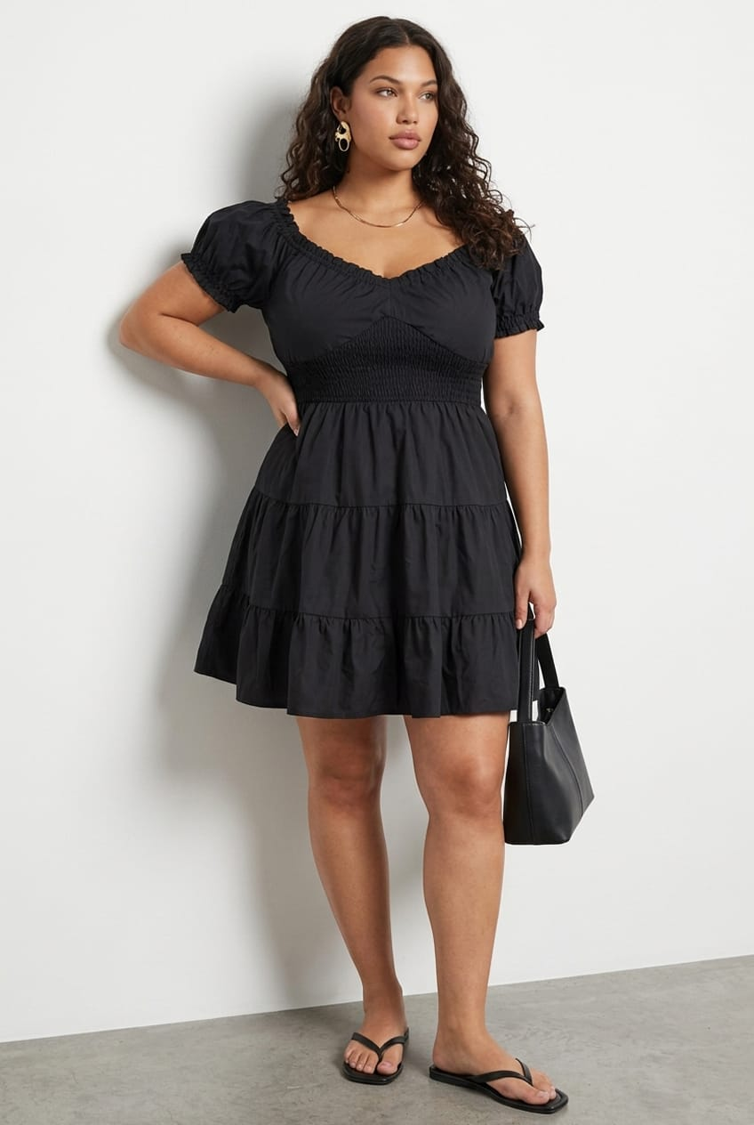 Black Fit And Flare Dress Short Sleeve Shirred for YouandAll Fashion