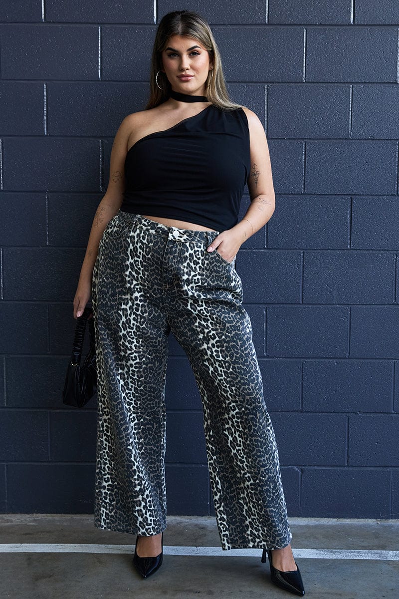 Brown Animal Print Baggy Jeans Mid Rise for YouandAll Fashion