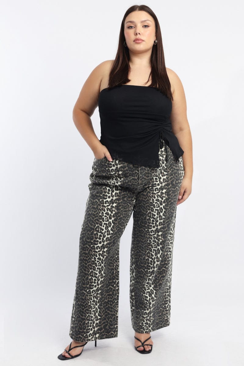 Brown Animal Print Baggy Jeans Mid Rise for YouandAll Fashion