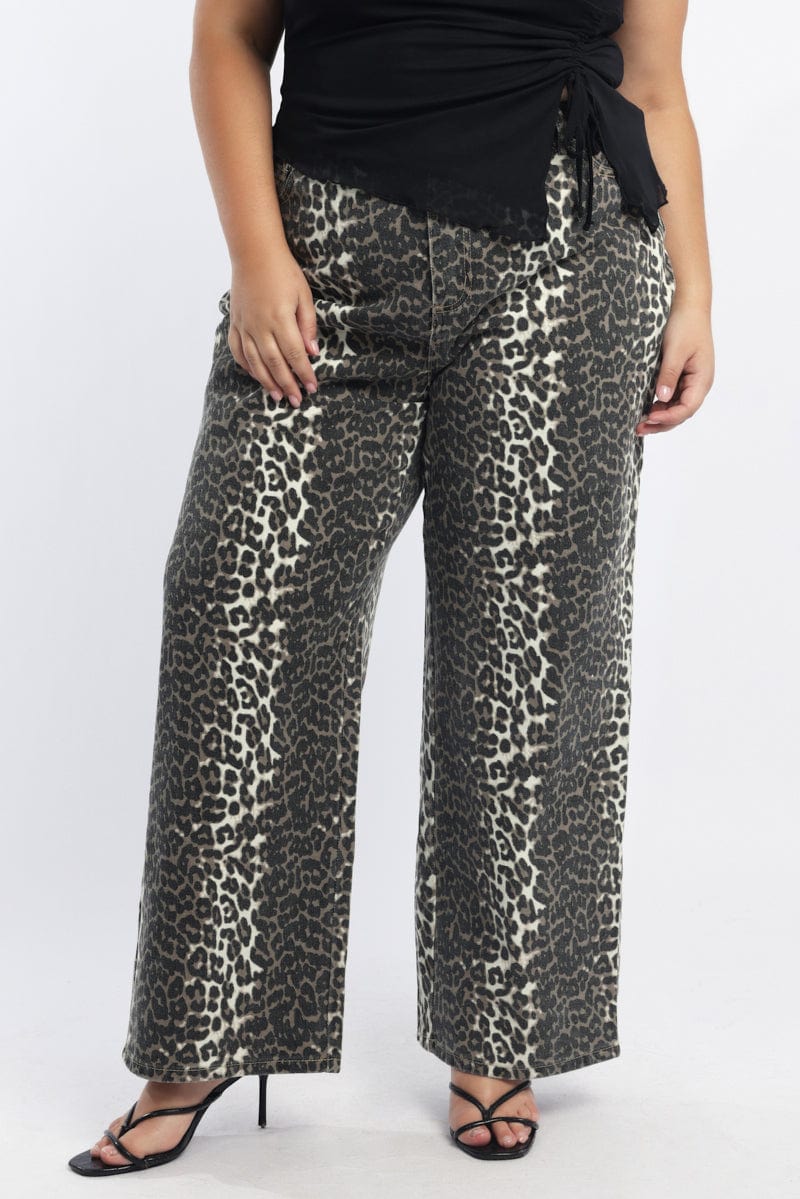 Brown Animal Print Baggy Jeans Mid Rise for YouandAll Fashion