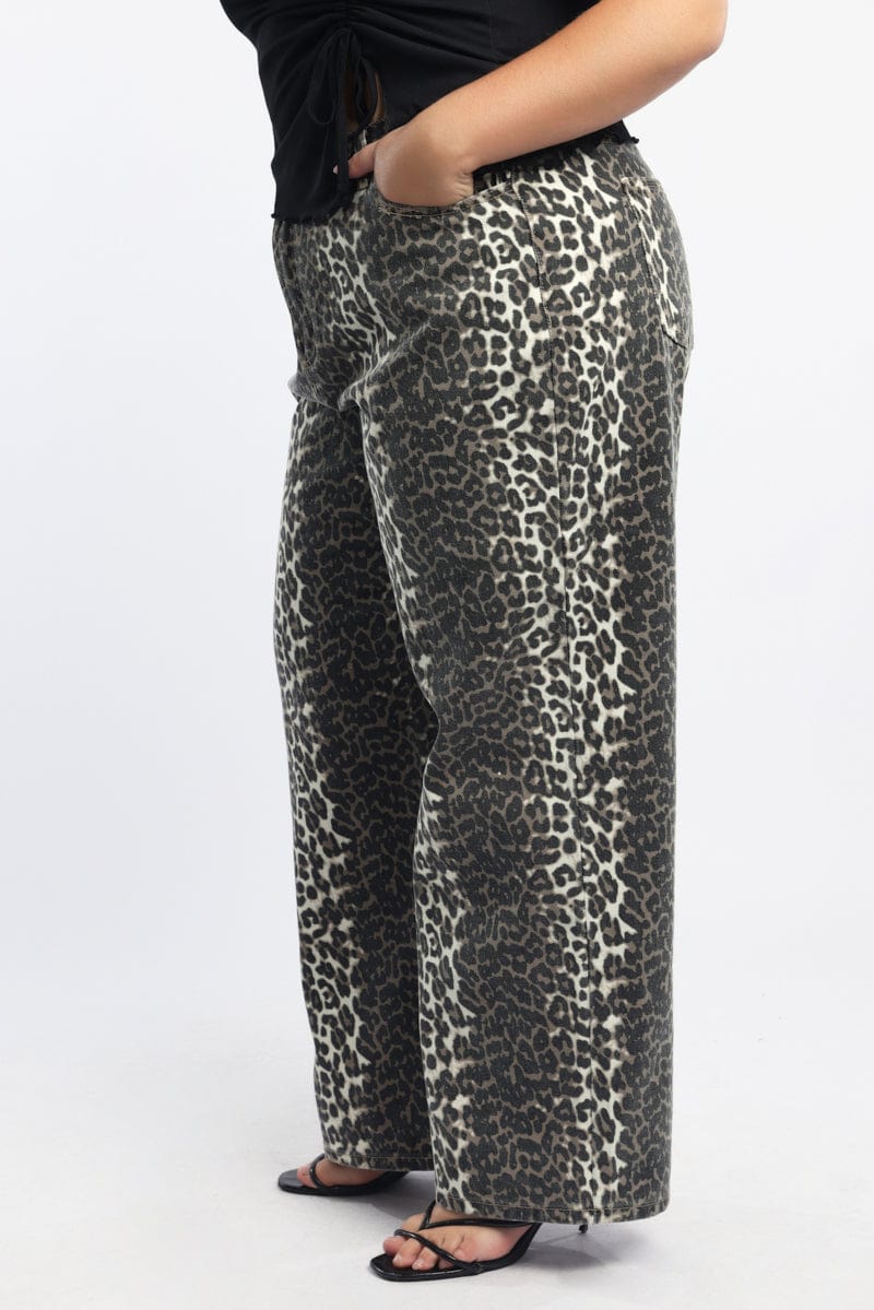 Brown Animal Print Baggy Jeans Mid Rise for YouandAll Fashion