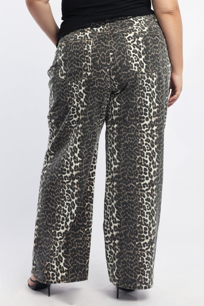 Brown Animal Print Baggy Jeans Mid Rise for YouandAll Fashion
