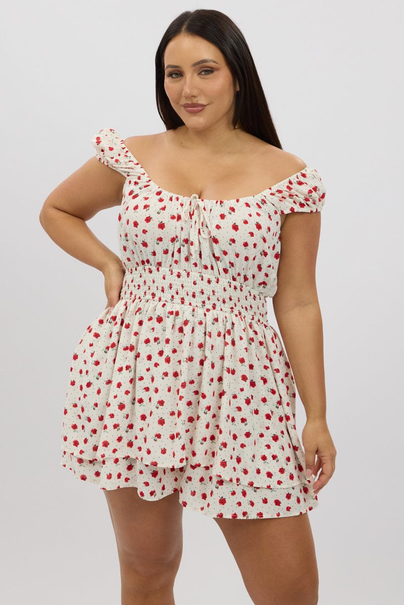 White Ditsy Playsuit Short Sleeve Ruched Bust for YouandAll Fashion
