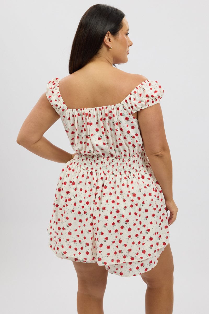 White Ditsy Playsuit Short Sleeve Ruched Bust for YouandAll Fashion
