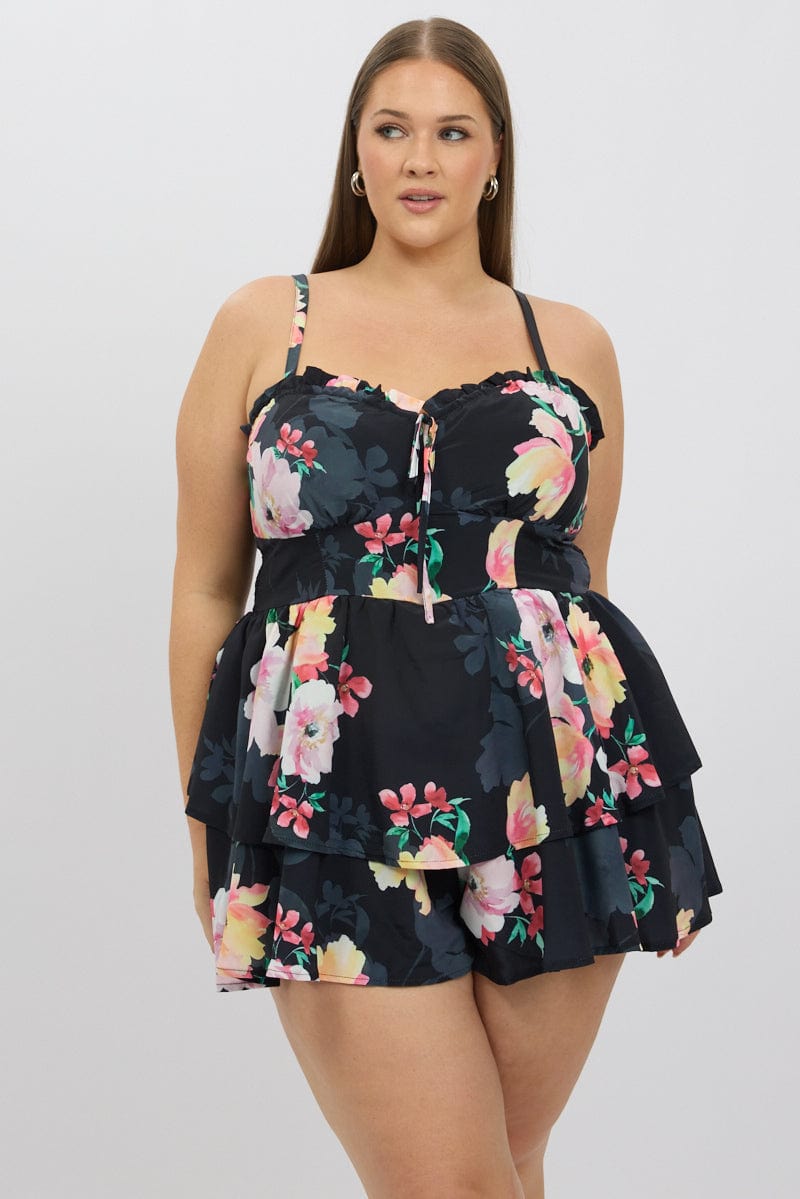 Black Floral Playsuit Sleeveless Ruched Bust for YouandAll Fashion
