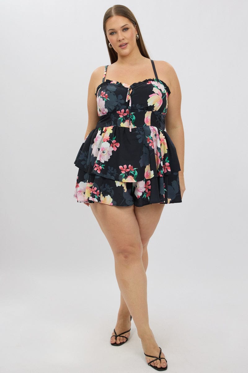 Black Floral Playsuit Sleeveless Ruched Bust for YouandAll Fashion