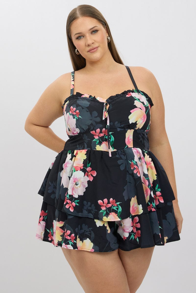 Black Floral Playsuit Sleeveless Ruched Bust for YouandAll Fashion