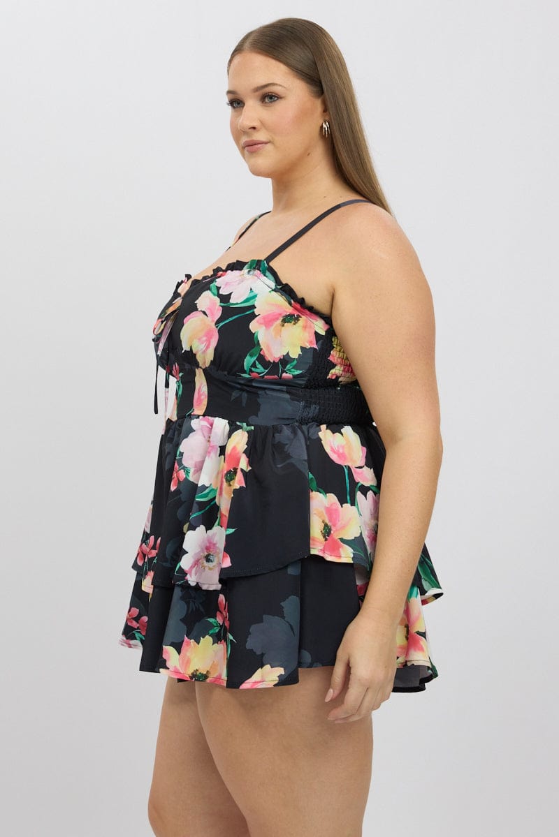 Black Floral Playsuit Sleeveless Ruched Bust for YouandAll Fashion