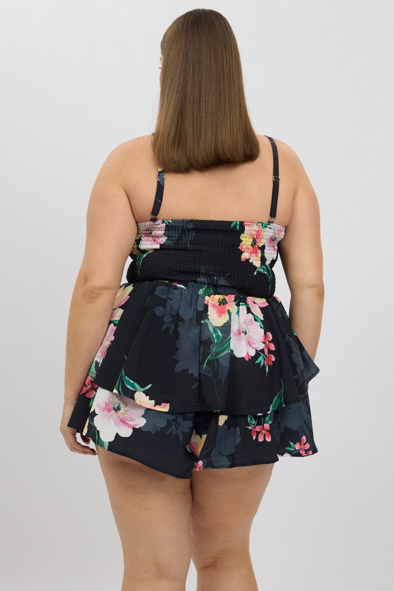 Black Floral Playsuit Sleeveless Ruched Bust for YouandAll Fashion
