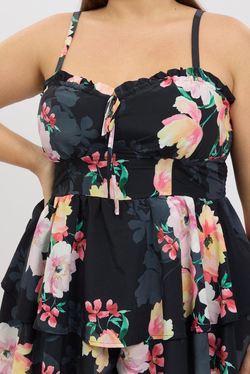 Black Floral Playsuit Sleeveless Ruched Bust for YouandAll Fashion