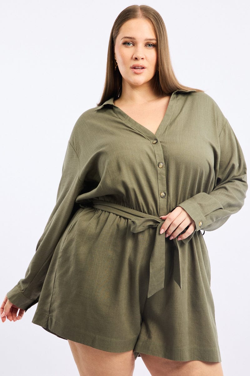 Green Playsuit Long Sleeve Linen Blend for YouandAll Fashion