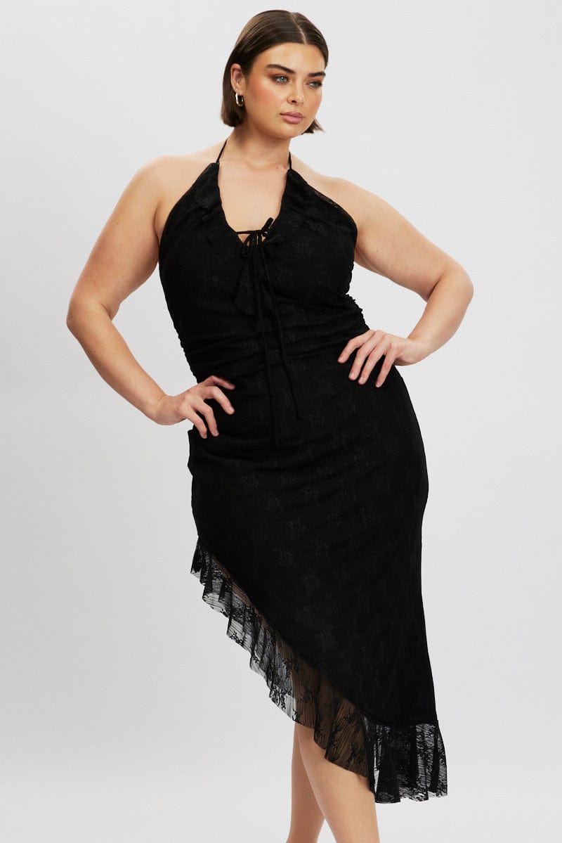 Black Asymmetric Lace Bodycon Dress for YouandAll Fashion