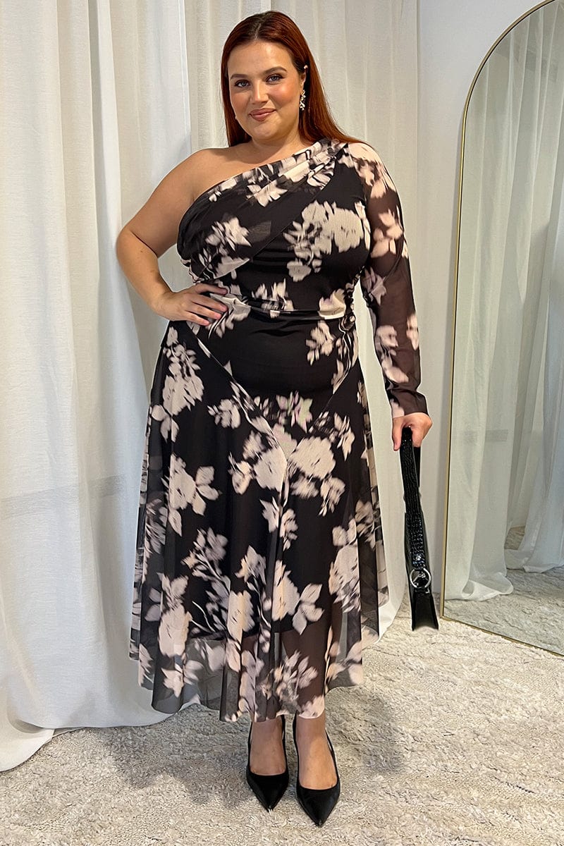Black Floral Midi Dress One Shoulder Mesh for YouandAll Fashion