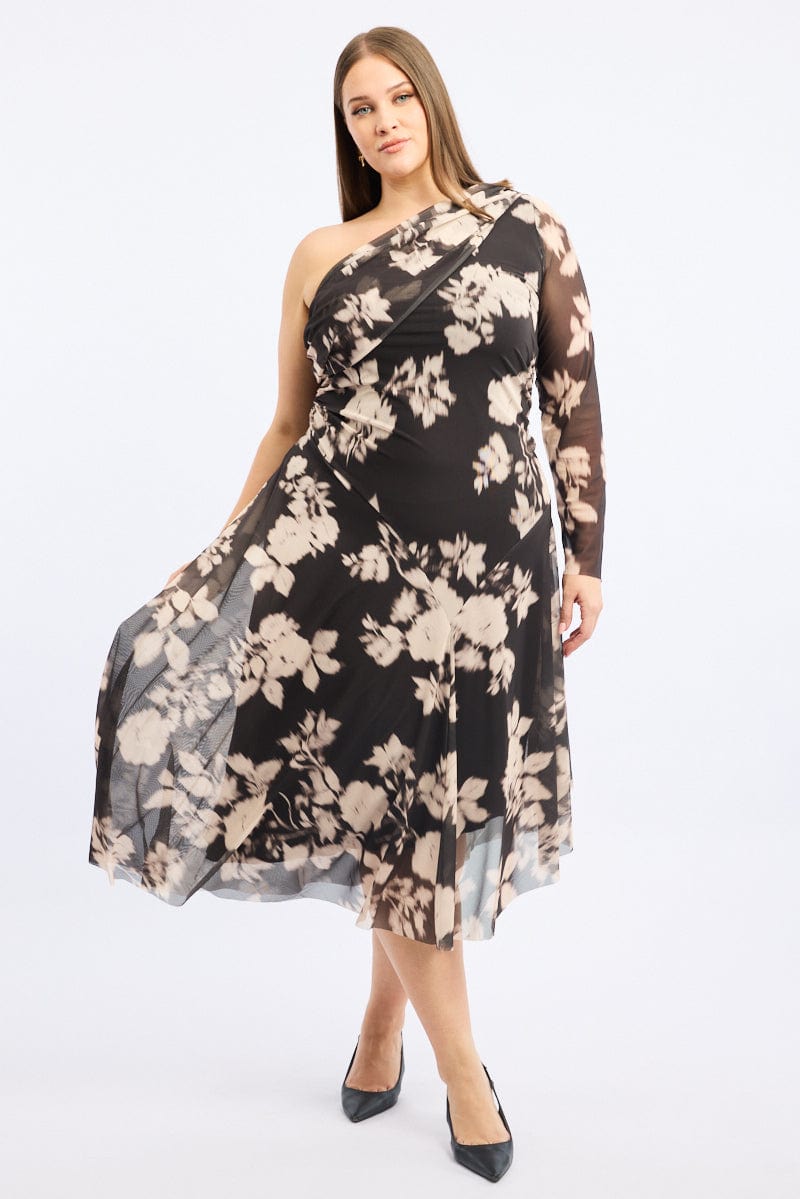 Black Floral Midi Dress One Shoulder Mesh for YouandAll Fashion