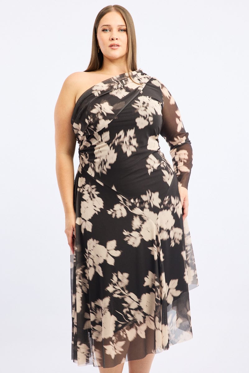 Black Floral Midi Dress One Shoulder Mesh for YouandAll Fashion