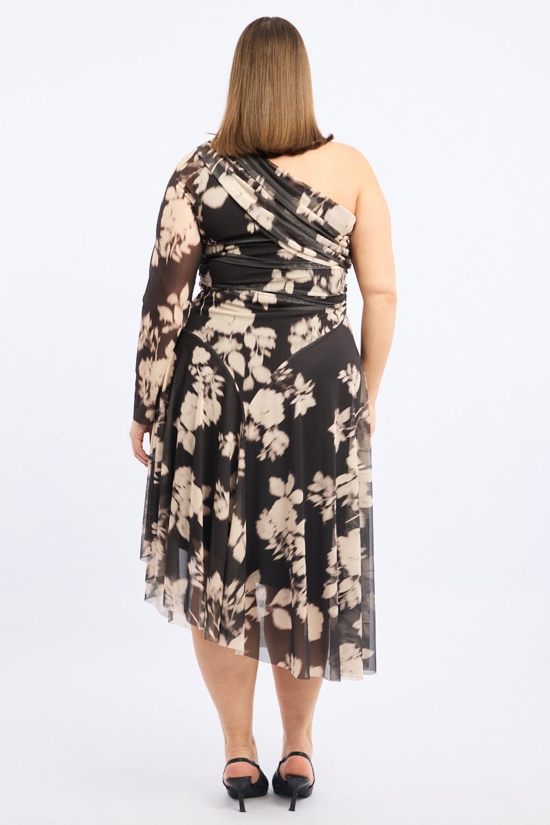 Black Floral Midi Dress One Shoulder Mesh for YouandAll Fashion