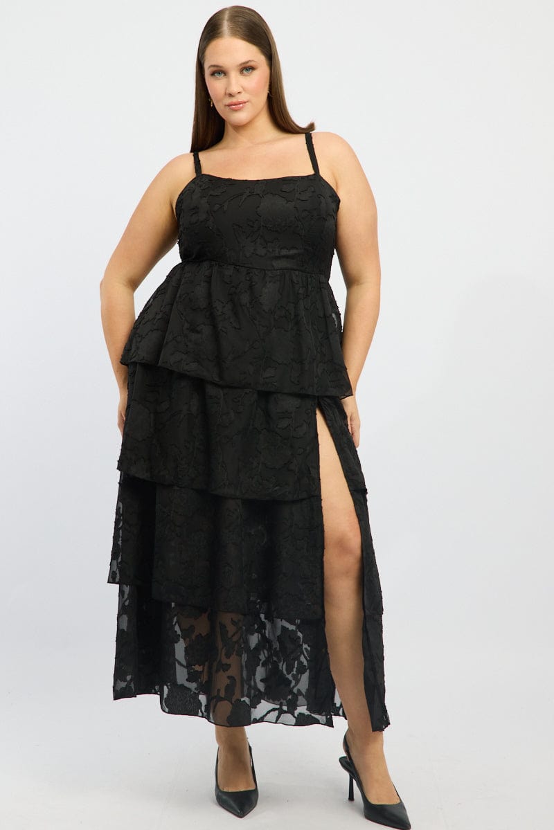 Black Midi Dress Sleeveless Tiered Jacquard for YouandAll Fashion