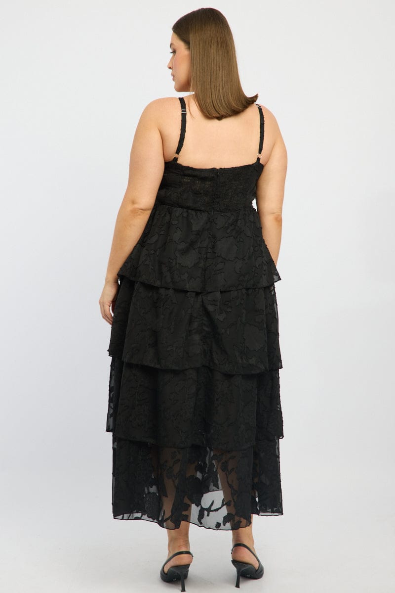 Black Midi Dress Sleeveless Tiered Jacquard for YouandAll Fashion