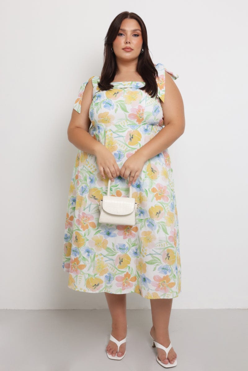 Yellow Floral Midi Dress Sleeveless Tie Strap for YouandAll Fashion