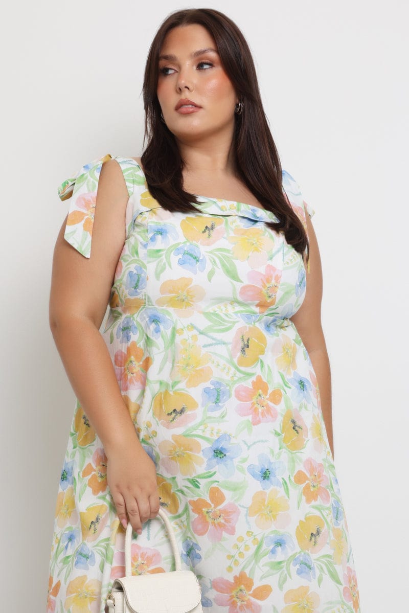 Yellow Floral Midi Dress Sleeveless Tie Strap for YouandAll Fashion