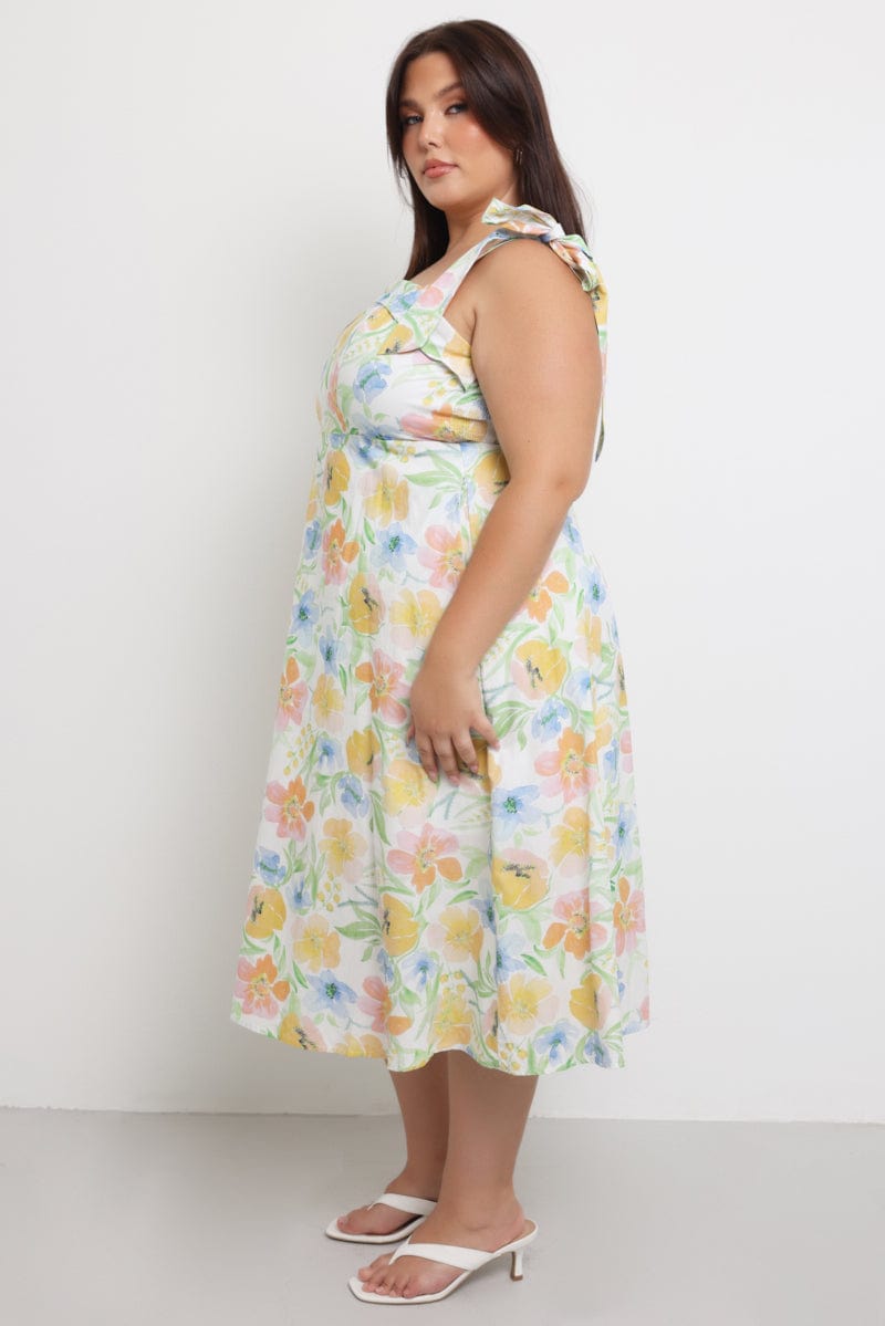 Yellow Floral Midi Dress Sleeveless Tie Strap for YouandAll Fashion