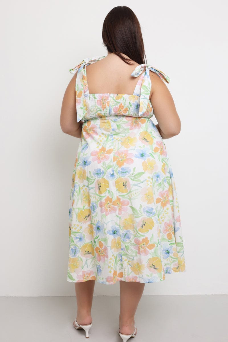 Yellow Floral Midi Dress Sleeveless Tie Strap for YouandAll Fashion