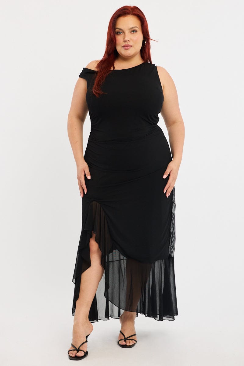 Black Midi Dress Asymmetric Shoulder Mesh Ruffle for YouandAll Fashion