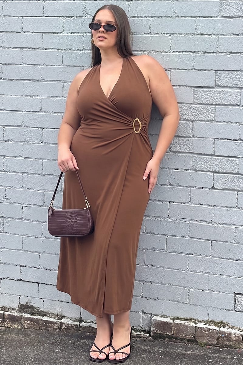 Brown Maxi Dress Sleeveless Halter for YouandAll Fashion