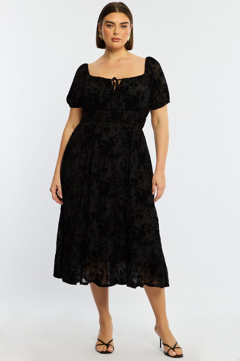 Black Floral Midi Dress Short Sleeve Mesh for YouandAll Fashion