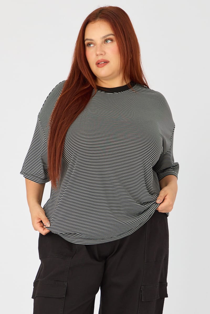Black Stripe Short Sleeve Crew Neck Top for YouandAll Fashion