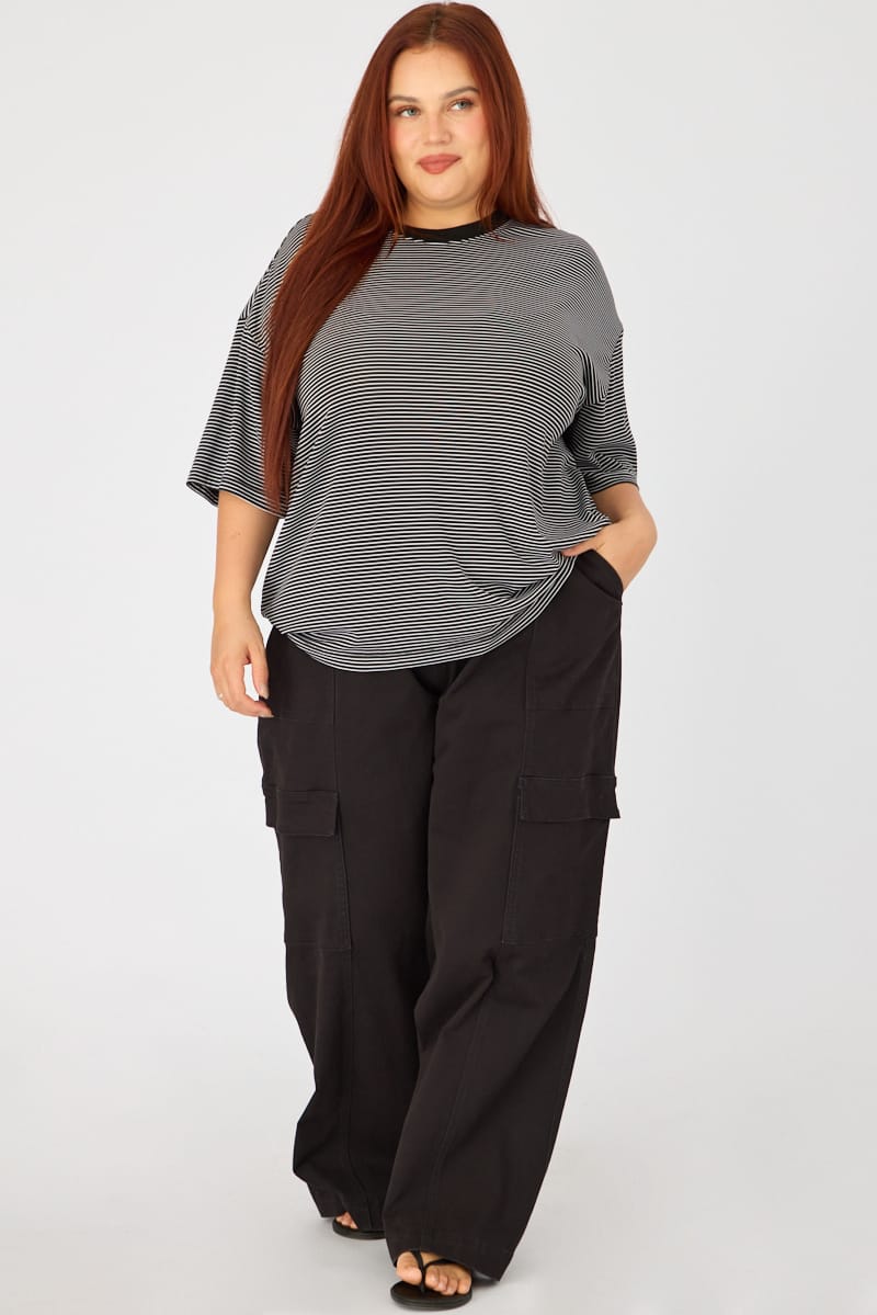 Black Stripe Short Sleeve Crew Neck Top for YouandAll Fashion