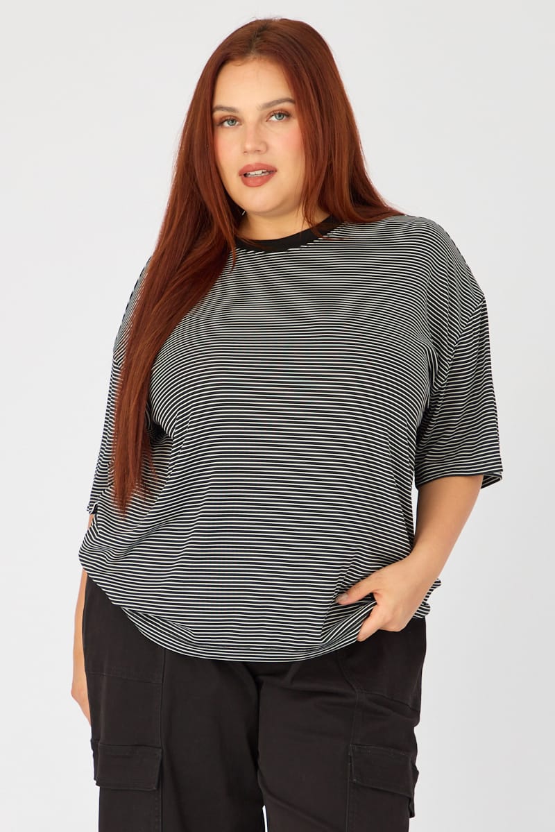 Black Stripe Short Sleeve Crew Neck Top for YouandAll Fashion