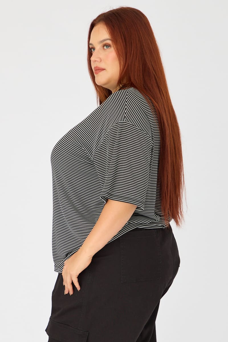 Black Stripe Short Sleeve Crew Neck Top for YouandAll Fashion
