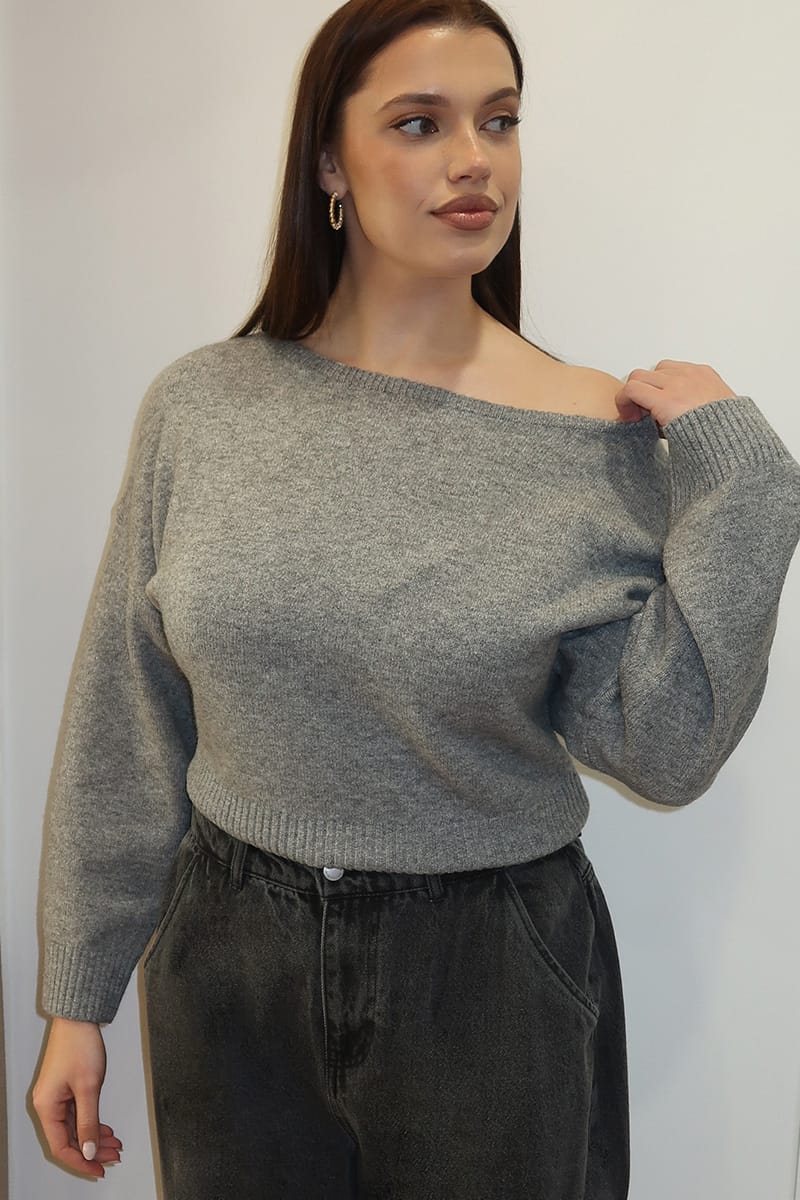 Grey Knit Top Off Shoulder Long Sleeve for YouandAll Fashion