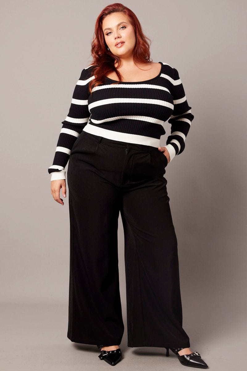 White Stripe Knit Top Long Sleeve Scoop Neck for YouandAll Fashion
