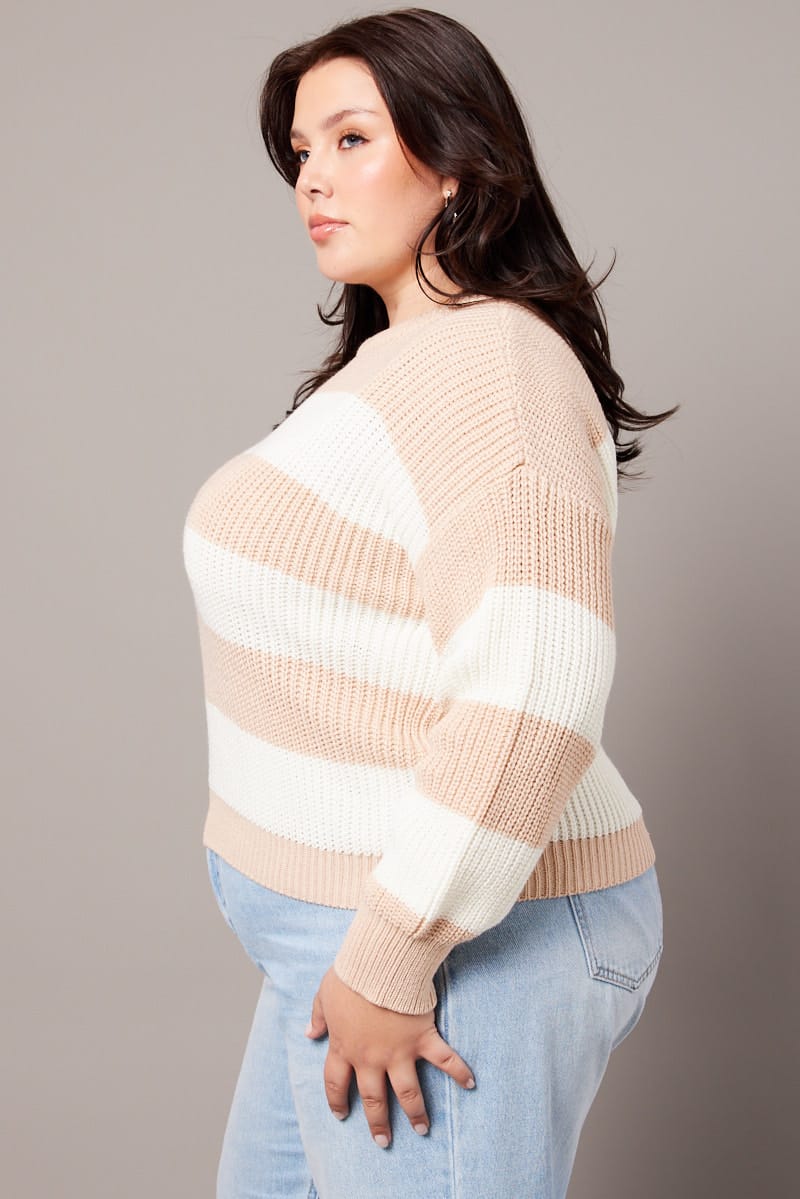 Beige Stripe Stripe Knit Jumper Long Sleeve Crew Neck for YouandAll Fashion