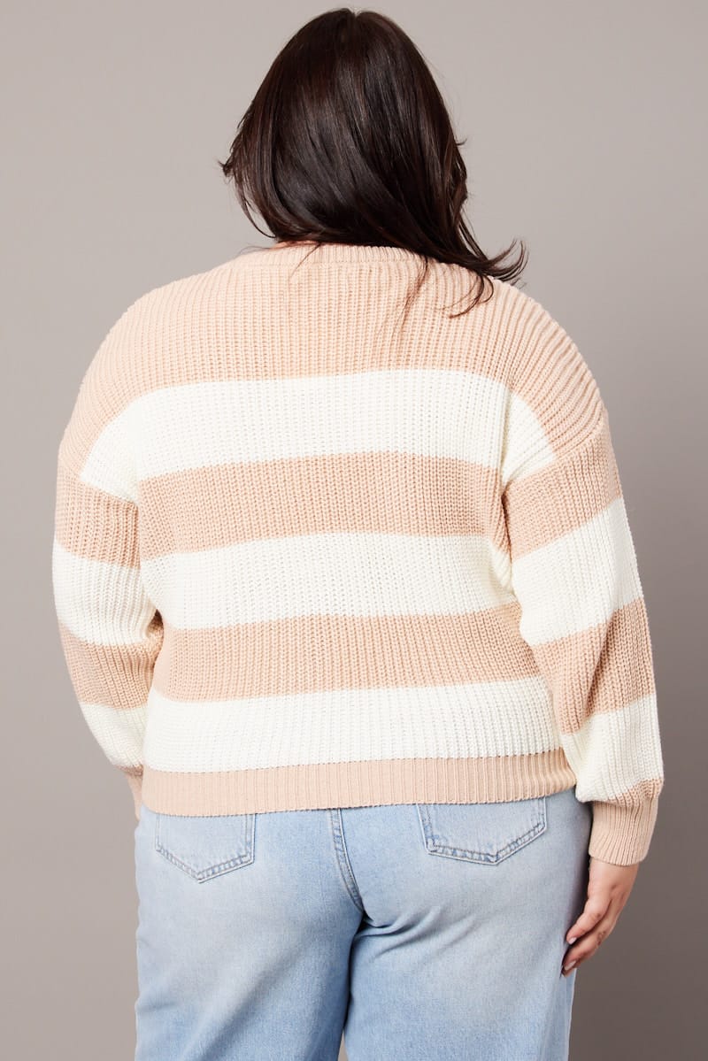 Beige Stripe Stripe Knit Jumper Long Sleeve Crew Neck for YouandAll Fashion