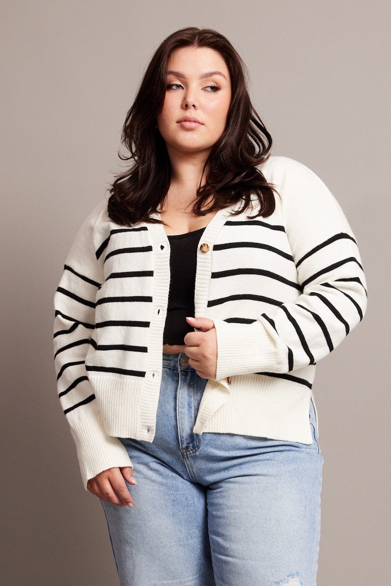 White Stripe Oversized Cardigan Long Sleeve V Neck Stripe for YouandAll Fashion