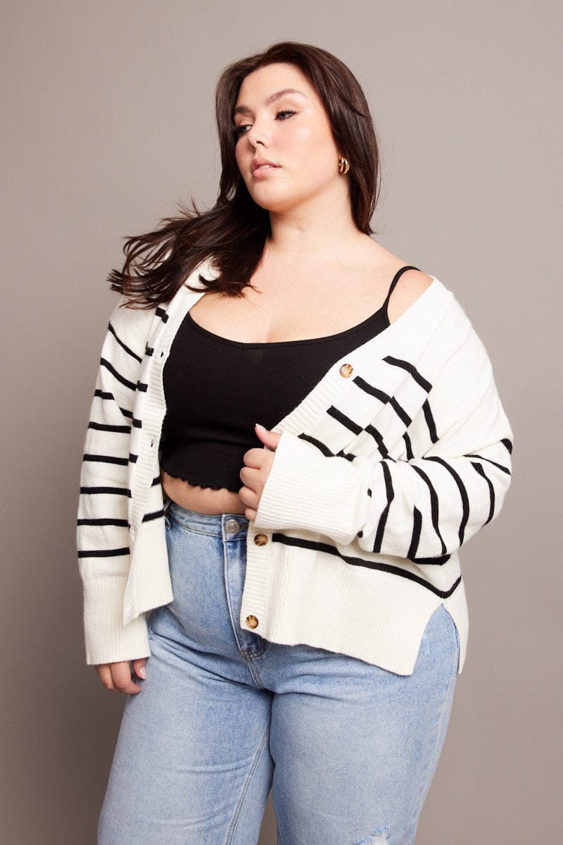 White Stripe Oversized Cardigan Long Sleeve V Neck Stripe for YouandAll Fashion