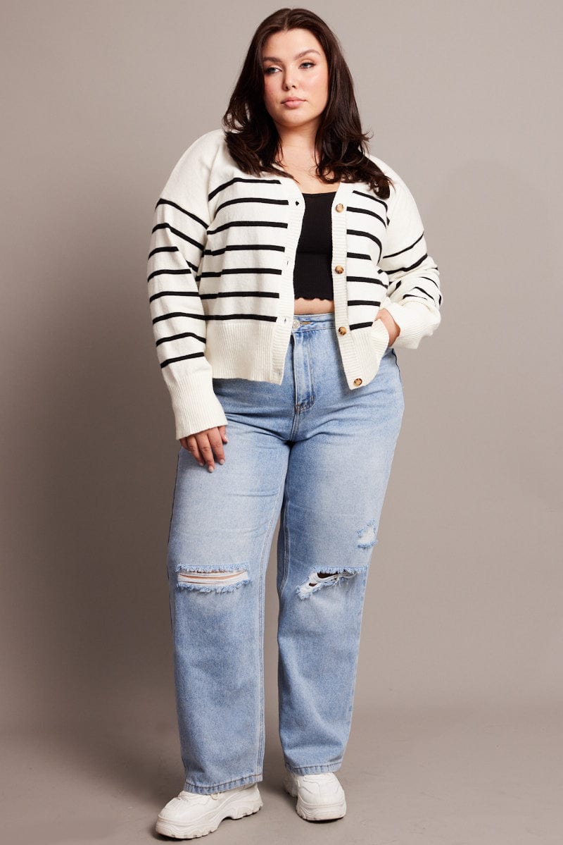 White Stripe Oversized Cardigan Long Sleeve V Neck Stripe for YouandAll Fashion