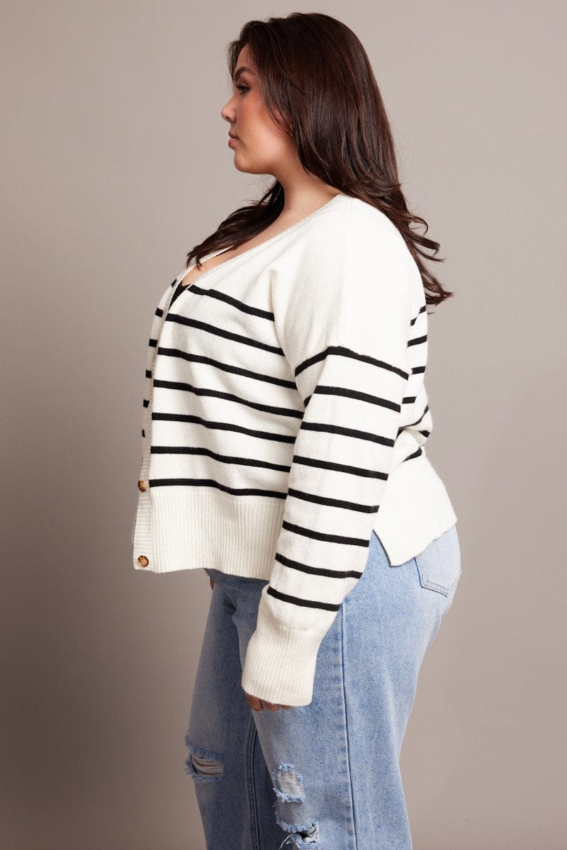 White Stripe Oversized Cardigan Long Sleeve V Neck Stripe for YouandAll Fashion