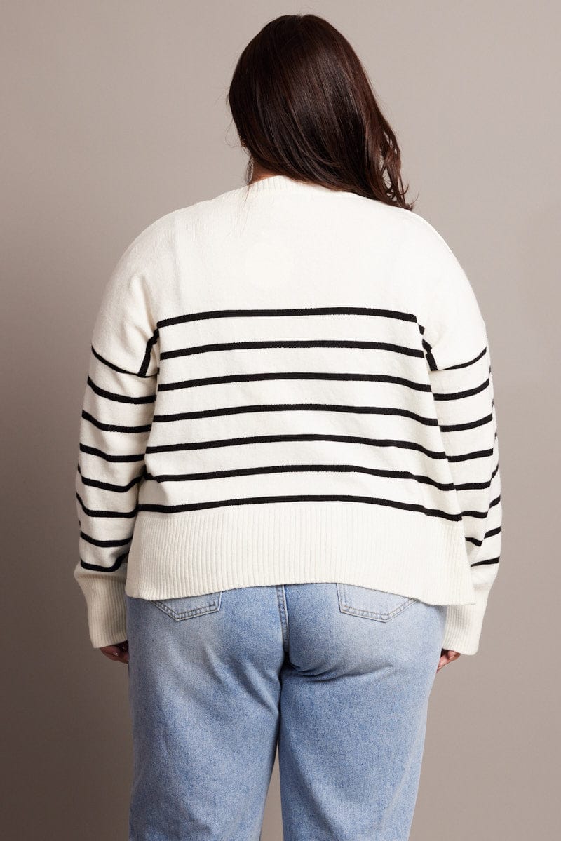 White Stripe Oversized Cardigan Long Sleeve V Neck Stripe for YouandAll Fashion