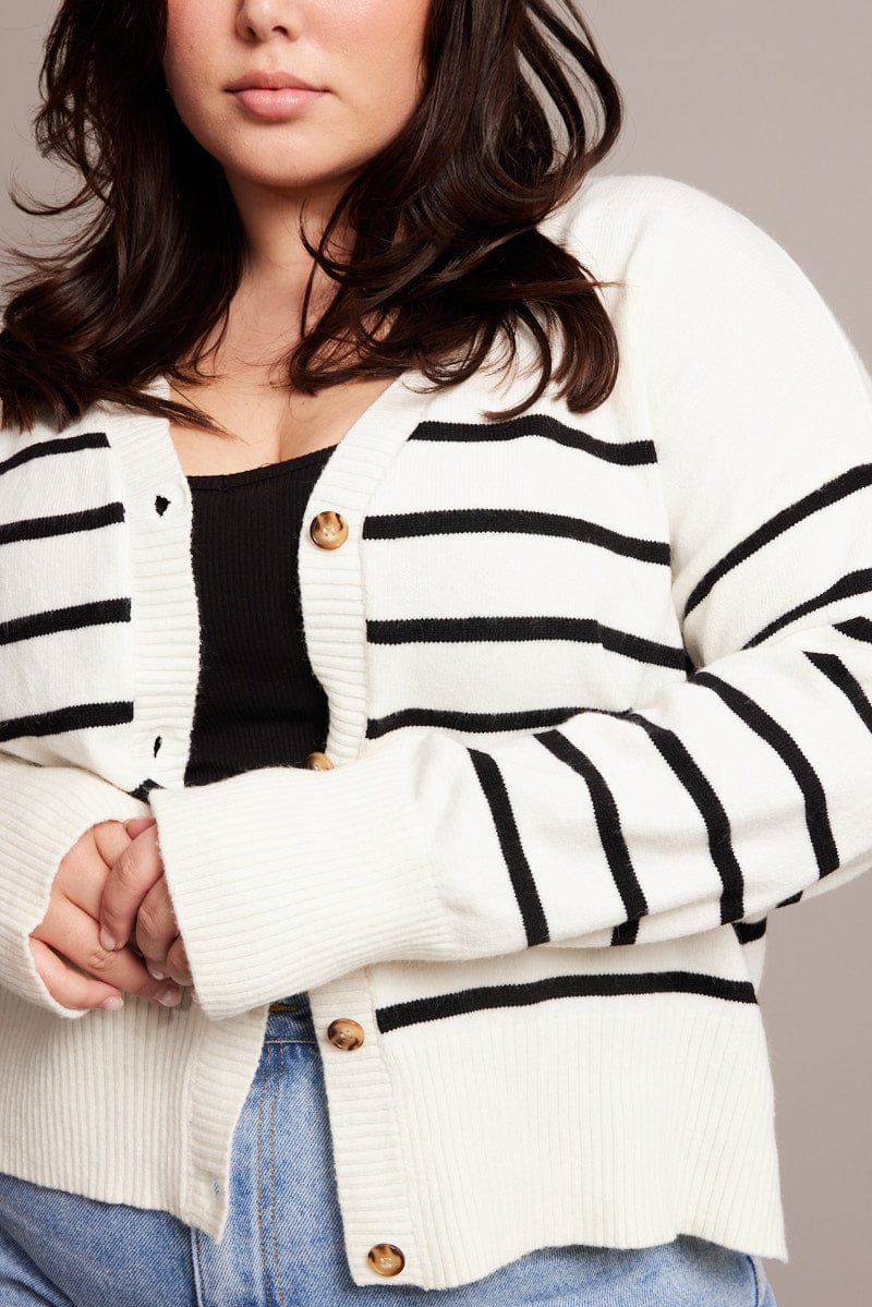 White Stripe Oversized Cardigan Long Sleeve V Neck Stripe for YouandAll Fashion