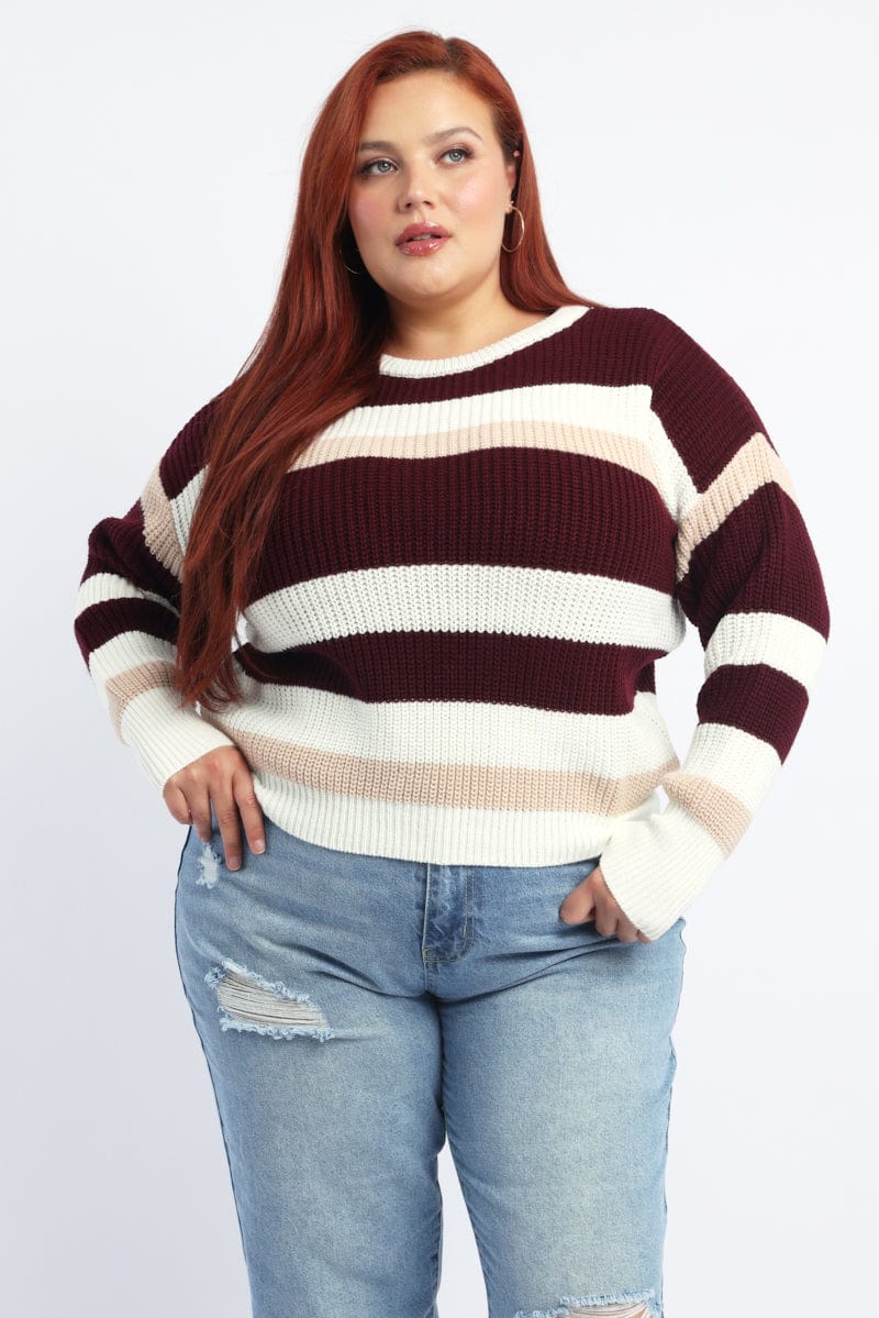 Red Stripe Knit Jumper Long Sleeve Round Neck for YouandAll Fashion