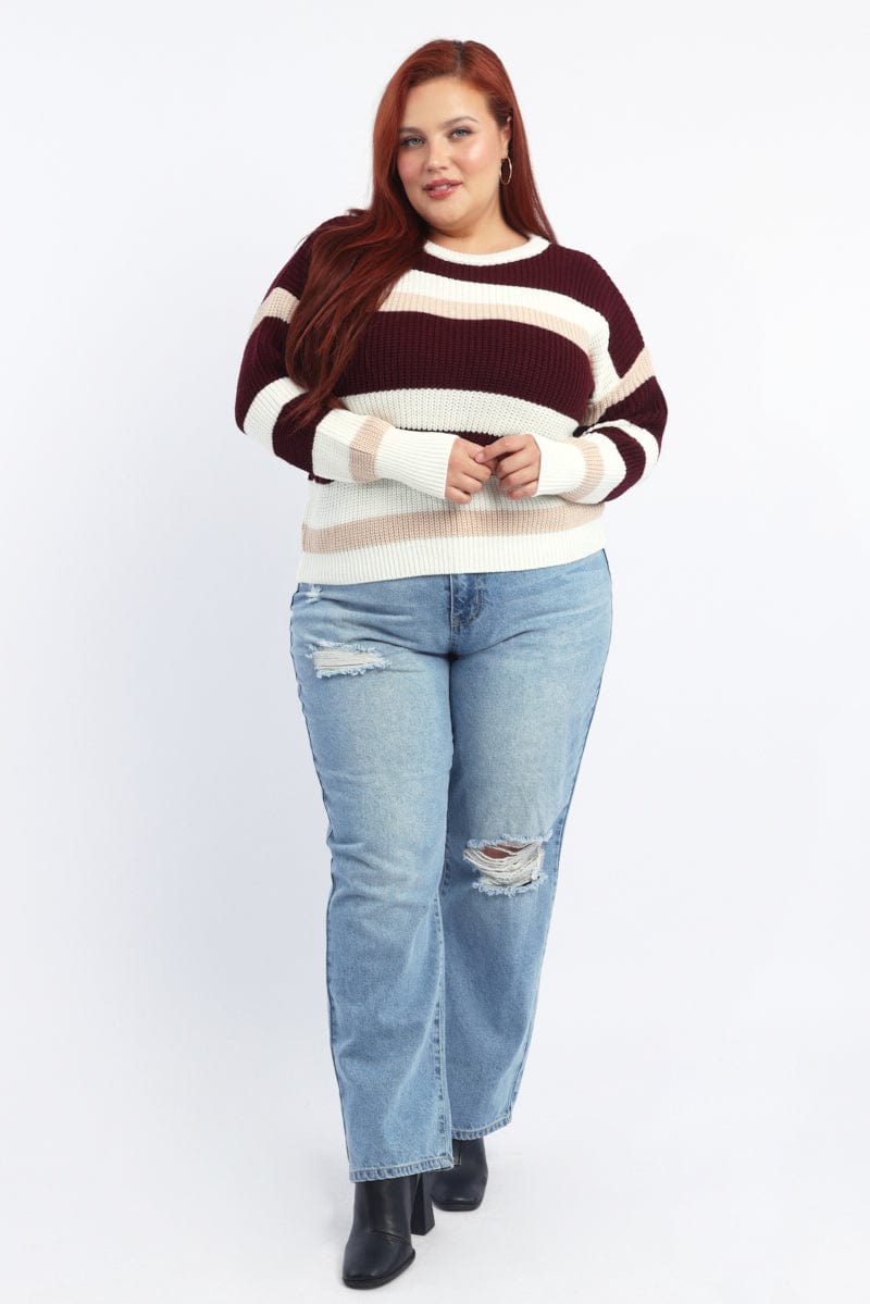 Red Stripe Knit Jumper Long Sleeve Round Neck for YouandAll Fashion
