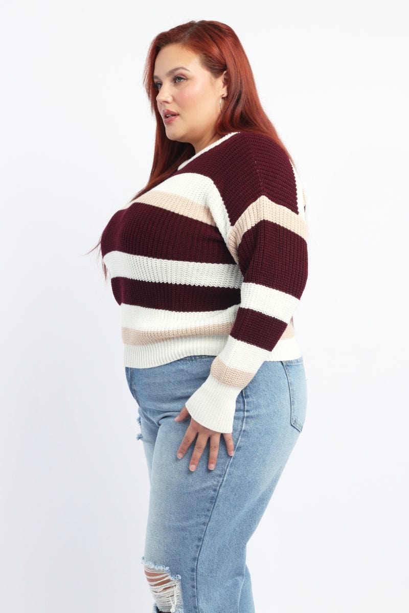 Red Stripe Knit Jumper Long Sleeve Round Neck for YouandAll Fashion