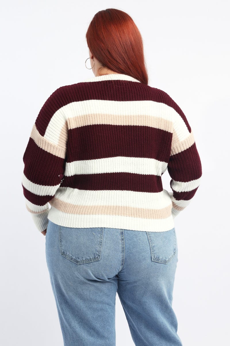 Red Stripe Knit Jumper Long Sleeve Round Neck for YouandAll Fashion