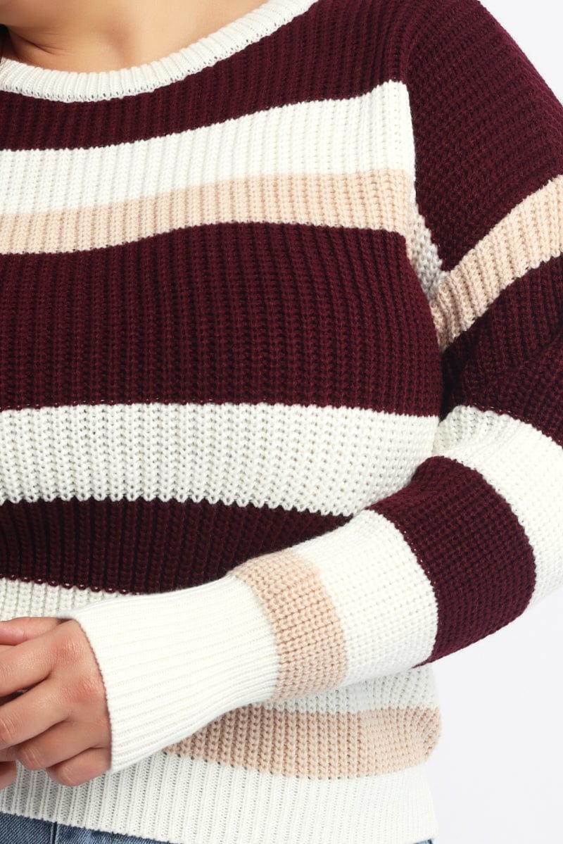 Red Stripe Knit Jumper Long Sleeve Round Neck for YouandAll Fashion