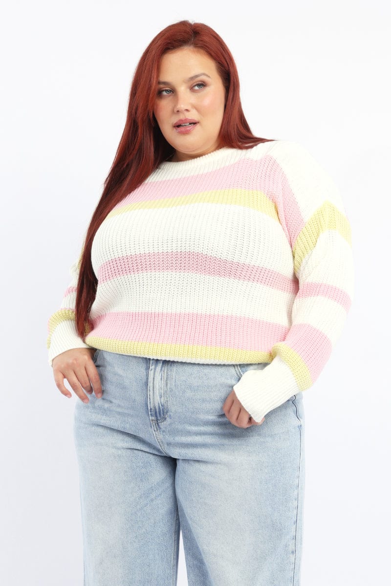 Pink Stripe Knit Jumper Long Sleeve Round Neck for YouandAll Fashion